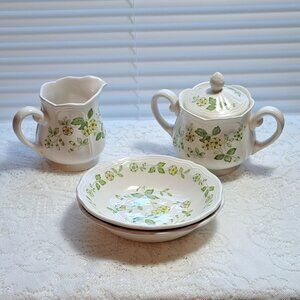 Petite Flora Ironstone Creamer, Sugar Set & Bowls Green Floral Japan Spring